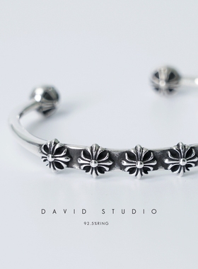 S925十字架情侣款男女士做旧手镯