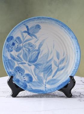 新中式工艺手工手绘蓝釉陶瓷摆盘