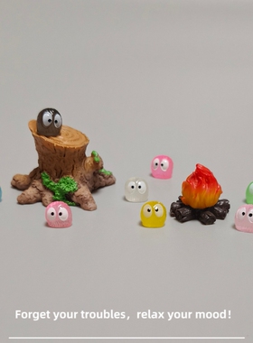 E加1 微景观创意柴火堆树桩小摆件 恶魔小精灵煤球工位解压小礼物