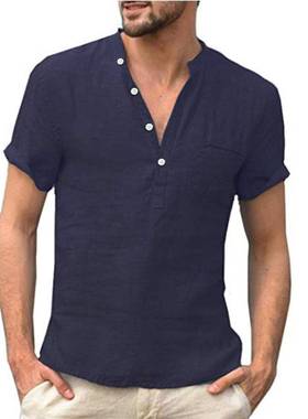 Cotton Linen Short-sleeved Men's T-shirt Collar Buckle