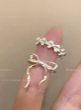 银色蝴蝶结线条戒指女夏ins简约冷淡风网红食指戒开口可调节指环