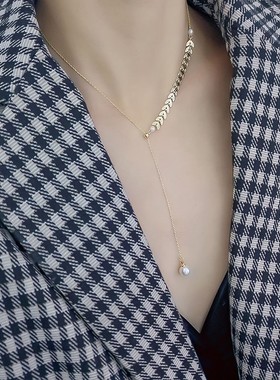 钛钢珍珠麦穗项链女毛衣链