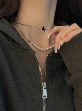 甜酸双层珍珠项链甜酷辣妹风锁骨链女简约小众设计感冷淡风毛衣链