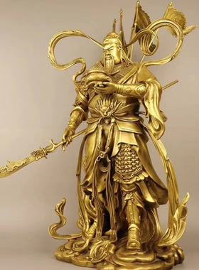 铜令旗关公摆件插旗持刀关羽家居装饰伽蓝飘带托宝关二爷武财神o