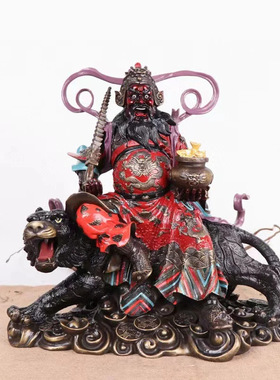 黄铜骑虎财神赵公明摆件铜赵公明家用客厅彩铜武财神赵元帅铜像o