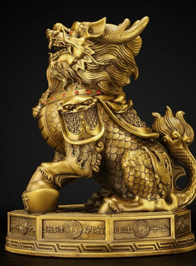 铜麒麟摆件一对公母麒麟开业家居客厅前台装饰品黄黄铜八卦麒麟o