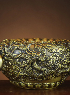 龙缸摆件黄铜盘龙云龙缸家用办公室装饰品乔迁礼品龙纹聚宝盆o