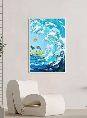 地中海风情小镇海浪手绘油画民宿餐厅蓝色系立体肌理风景墙装饰画