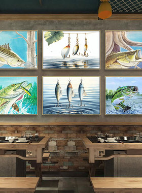 路亚钓鱼挂画美式复古风海钓馆刺身鱼生店墙面装饰画海鲜餐厅壁画