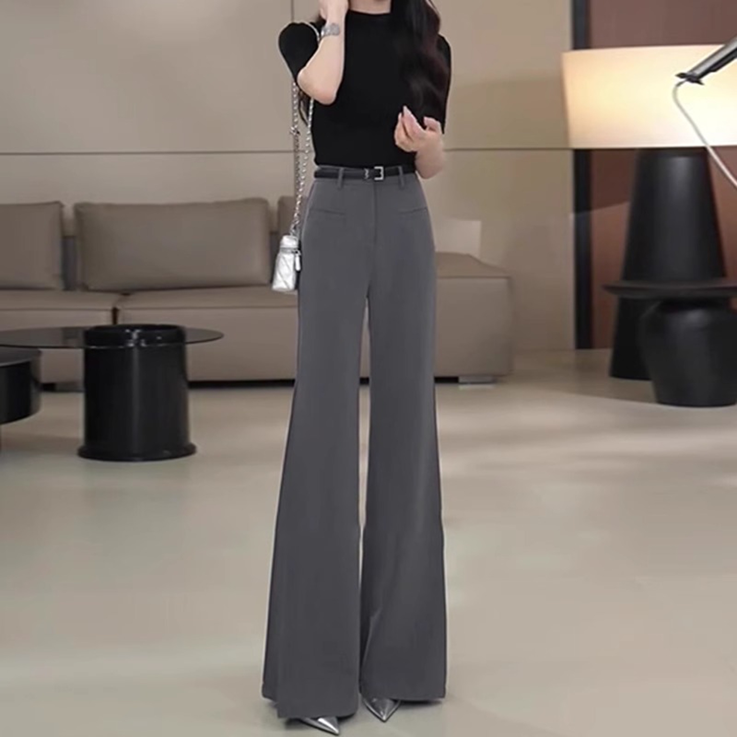 高级感灰色微喇西装裤女夏季薄款2025新款高腰垂感显瘦拖地喇叭裤 - 图2