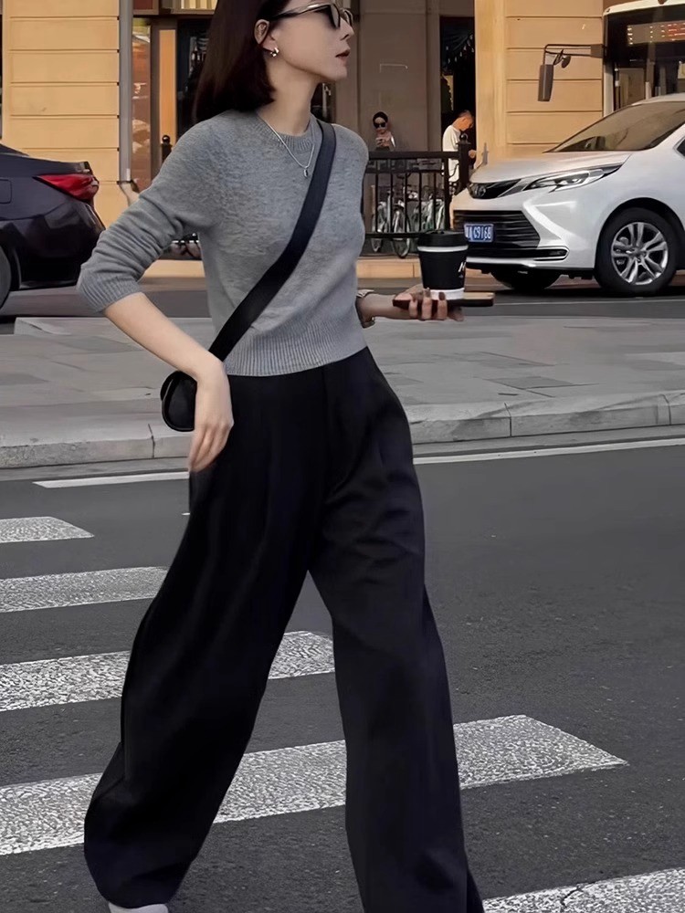 黑色阔腿裤子女2025夏季新款高腰直筒裤小个子穿搭洋气欧货西装裤,淘宝优惠券,粉丝福利购,淘宝优惠卷