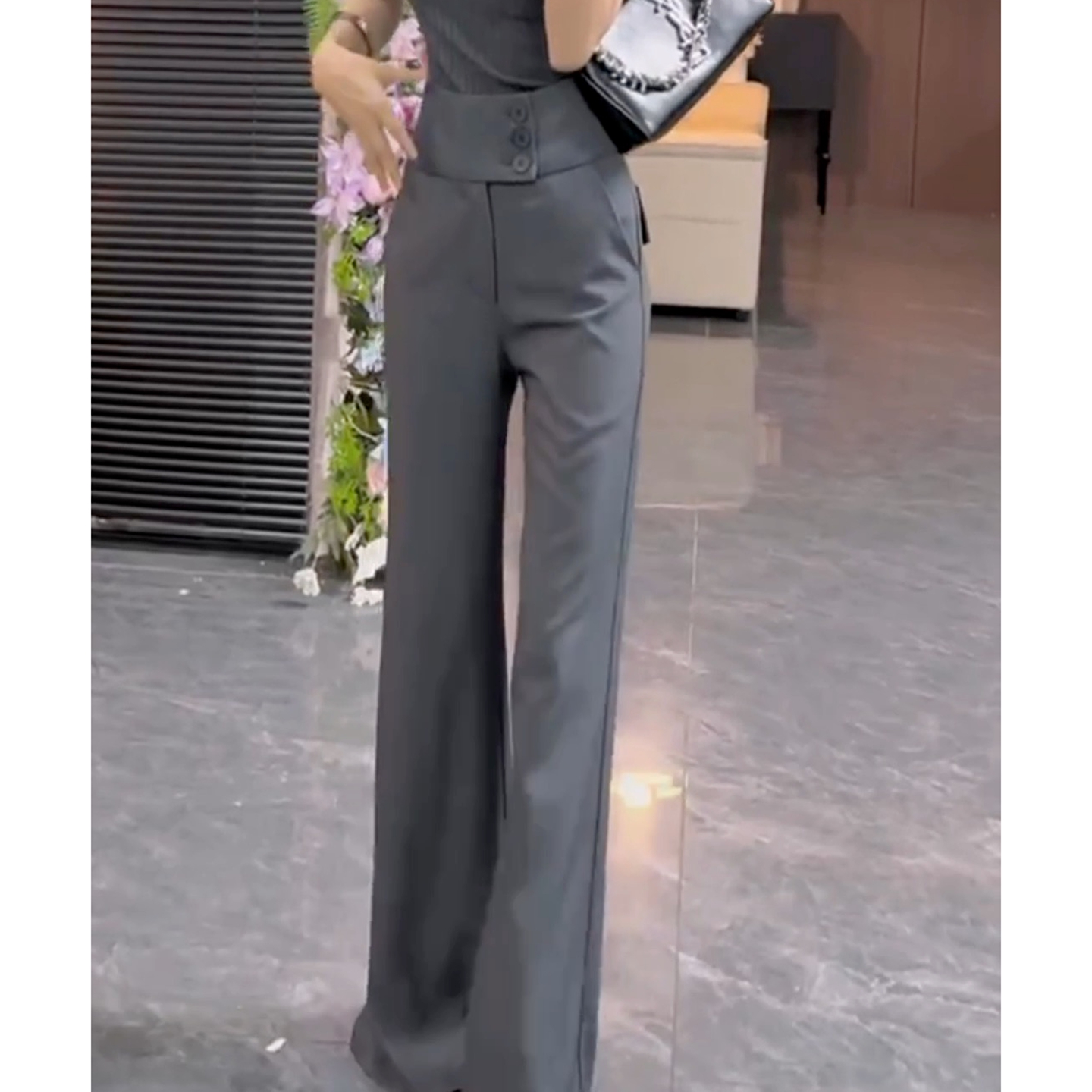高级感欧货灰色高腰排扣2025秋冬设计直筒垂坠感休闲阔腿西装裤女 - 图3