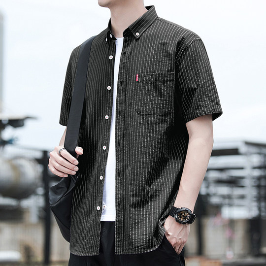 2025夏季新款男士薄款条纹短袖衬衫宽松休闲男装棉衬衣潮流寸上衣