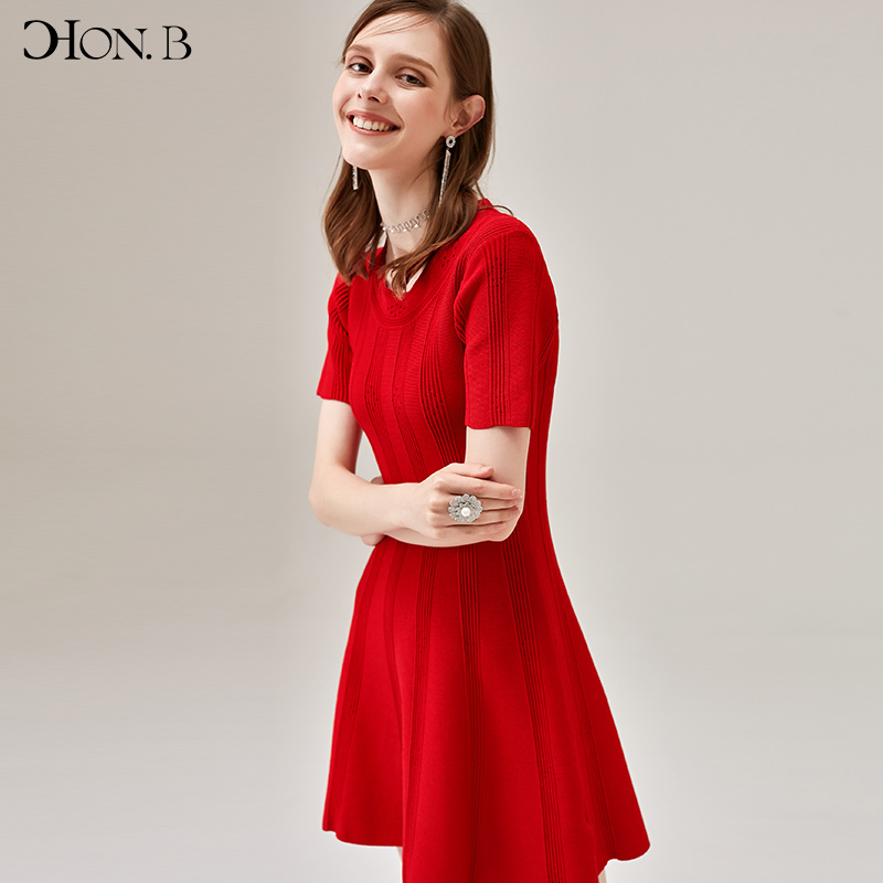 HONB红贝缇夏季新款纯色显瘦连衣裙短袖中长款针织连衣裙A字裙 - 图0