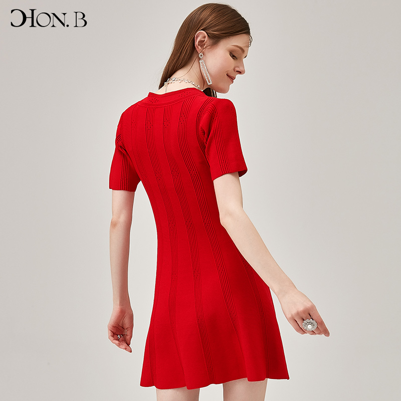 HONB红贝缇夏季新款纯色显瘦连衣裙短袖中长款针织连衣裙A字裙 - 图1