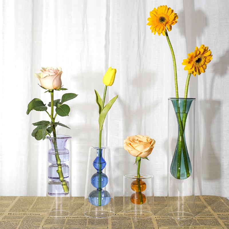 北欧彩色玻璃花瓶ins风客厅餐桌插干花玫瑰花瓶水养轻奢装饰摆件 - 图2