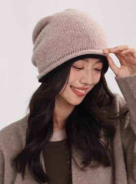 帽子100纯羊毛韩版冷漠毛线帽子女士秋冬季保暖包头堆堆帽针织帽