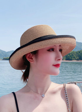 出游优雅女夏卷边蝴蝶结遮阳帽