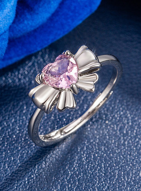 日韩闪光爱心戒指女士精致时尚甜美超仙粉红色蝴蝶结心形