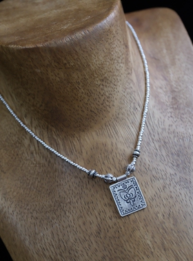 妖家 手工银饰 纯银刻花牌子项链 YC131