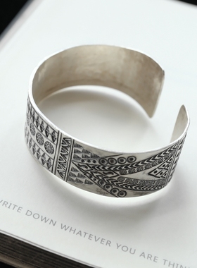 妖家 手工银饰 纯银印花款手镯 泰国进口 宽面手镯 SZ214