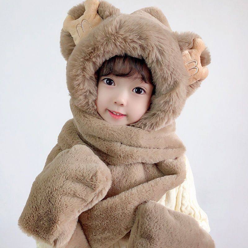 儿童帽子女童男童秋冬季可爱小熊围巾一体保暖手套宝宝护耳套头帽,淘宝优惠券,粉丝福利购,淘宝优惠卷