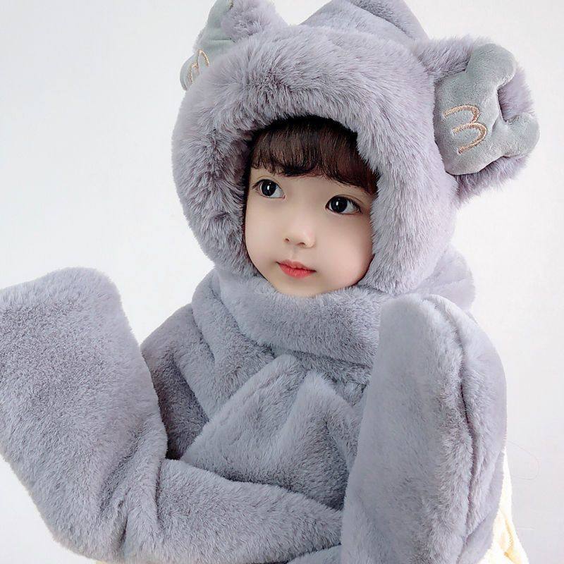 儿童帽子女童男童秋冬季可爱小熊围巾一体保暖手套宝宝护耳套头帽,淘宝优惠券,粉丝福利购,淘宝优惠卷