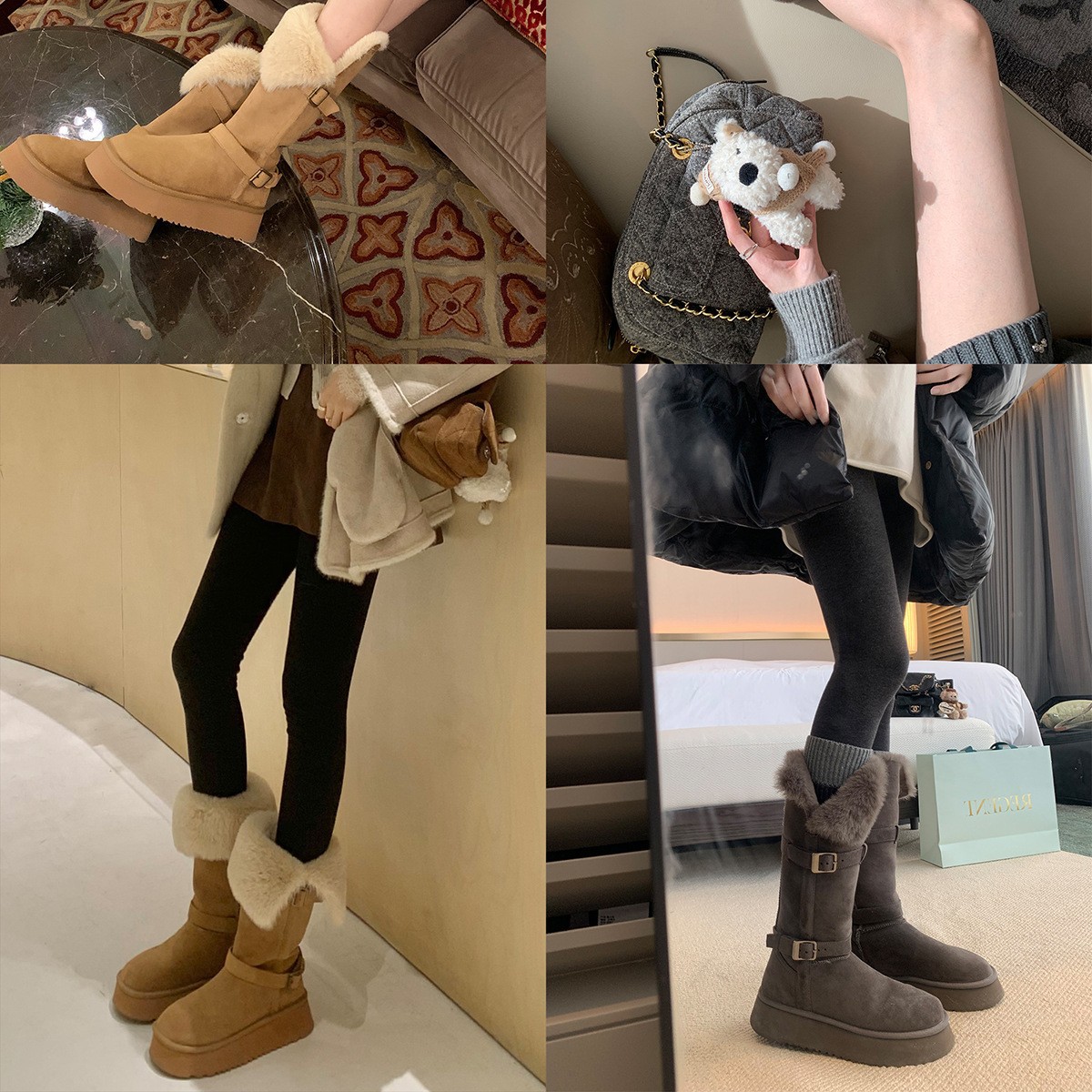 葡萄妈studiolee扣带厚底毛毛翻边保暖棉鞋中长筒雪地靴女冬季款 - 图0