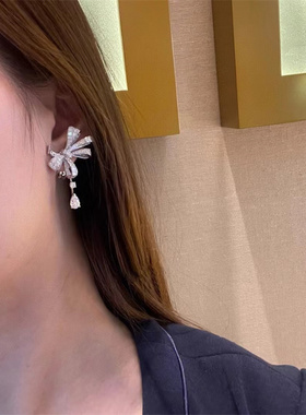 高定版精工925银蝴蝶结套装水滴项链女气质耳钉夸张蝴蝶戒指满钻