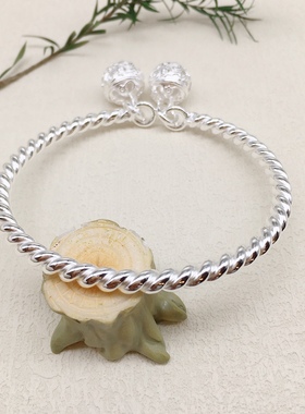 胜银·麻花双宫铃开口纯银手镯一步一想女生时尚百搭礼物足银999