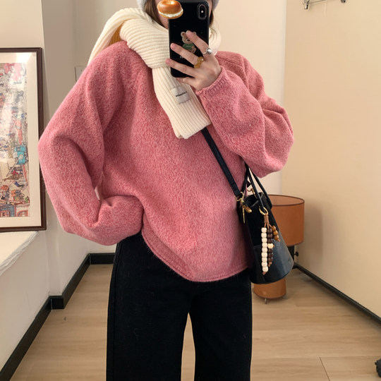 Omang桃喜 霉粉色花线圆领毛衣女秋冬氛围感宽松甜美风插肩袖线衫