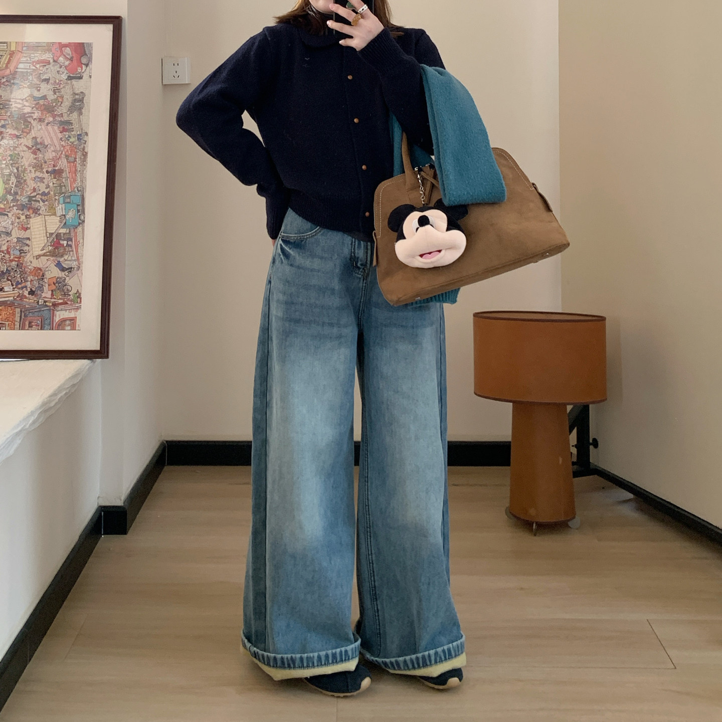 Omang桃喜 加绒加厚阔腿牛仔裤女秋冬浅色复古蓝高腰宽松直筒长裤,淘宝优惠券,粉丝福利购,淘宝优惠卷