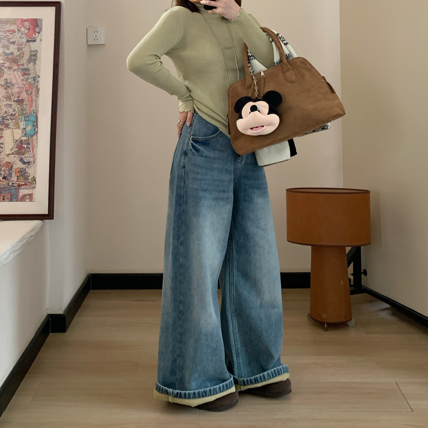 Omang桃喜 加绒加厚阔腿牛仔裤女秋冬浅色复古蓝高腰宽松直筒长裤,淘宝优惠券,粉丝福利购,淘宝优惠卷