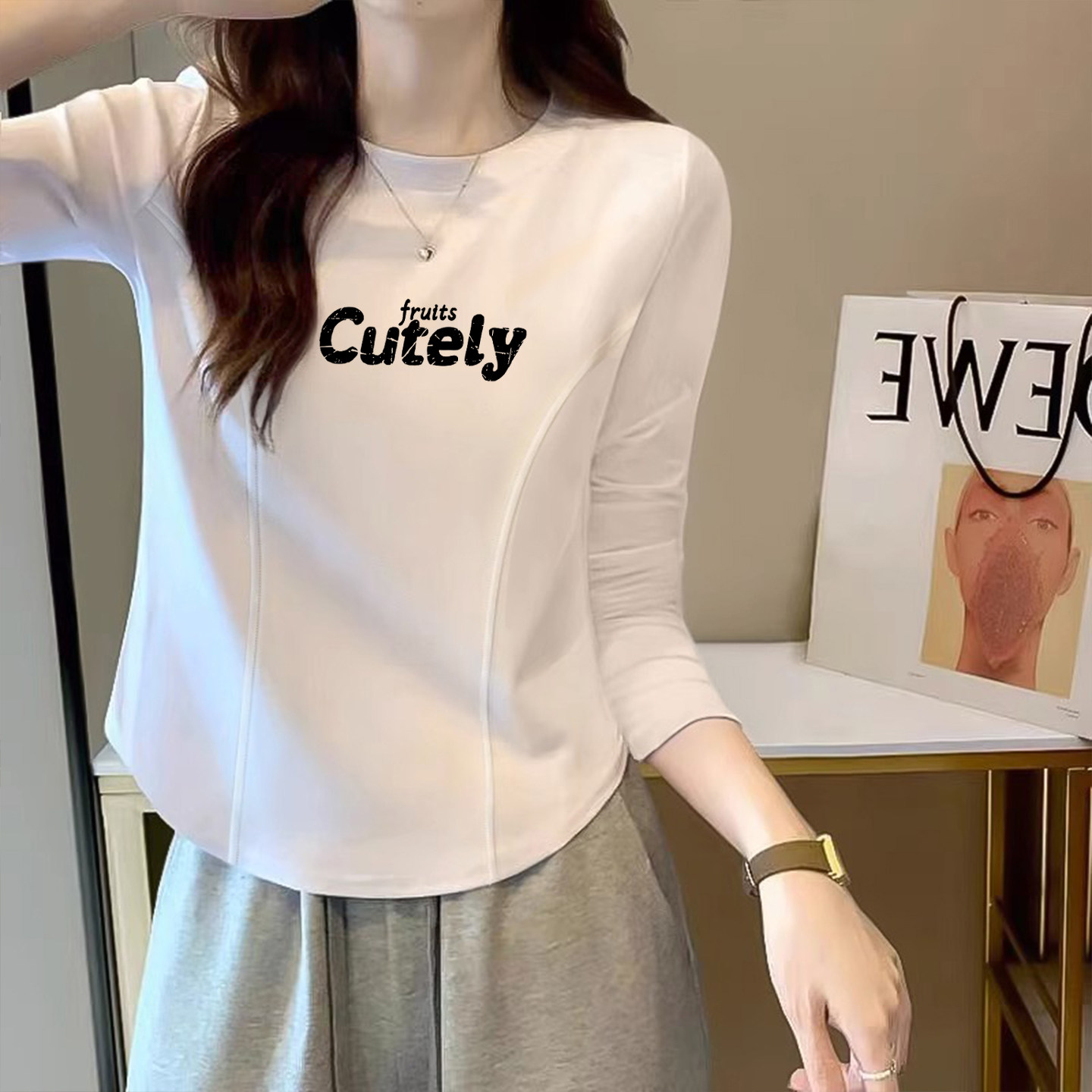 2025秋季新款正肩长袖女装白色纯棉T恤女不规则经典百搭鱼骨上衣,淘宝优惠券,粉丝福利购,淘宝优惠卷