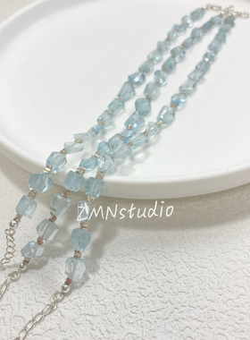 ZMN/岸霭/小众文艺清新925纯银天然不规则刻面无胶海蓝宝石手链女