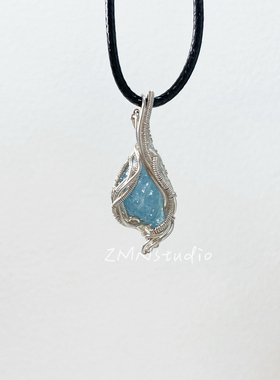 ZMN/冰川/小众手工绕线925纯银不规则天然海蓝宝石原矿吊坠项链