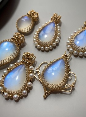 ZMN/辉夜/小众原创手工绕线编织天然珍珠冰种奶油月光石宝石吊坠