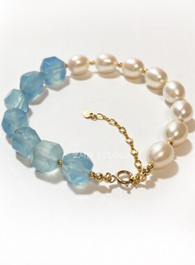 不规则刻面手链海蓝宝石珍珠女