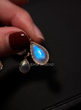 ZMN/星露/精致简约进口14K手工天然月光石水晶宝石双面水滴吊坠女