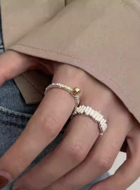 拼色熔岩肌理戒指女百搭时尚不规则几何S925镀银开口指环食指戒潮