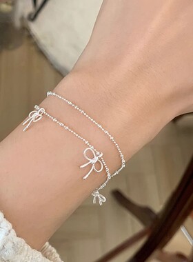 简约叠戴蝴蝶结手链女细链条百搭时尚甜酷S925镀银手环ins风手饰