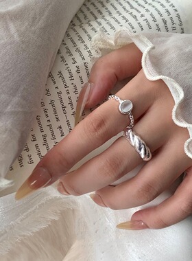 甜酷叠戴麻花戒指女白色椭圆精致百搭链条开口指环ins风食指戒潮