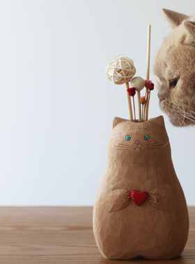 榉木可爱桌面原木花器摆件