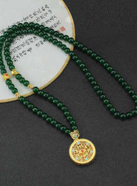 新中式国风绿色串珠项链圆牌吊坠