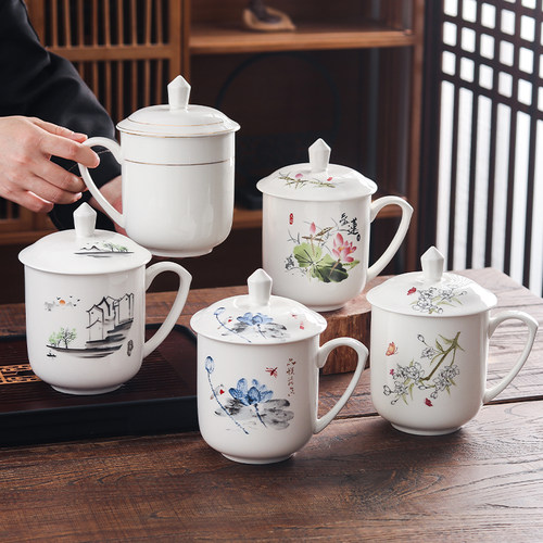 陶瓷茶杯大号带盖带手柄老板杯办公杯会议杯超大瓷器家用水杯酒店 - 图2