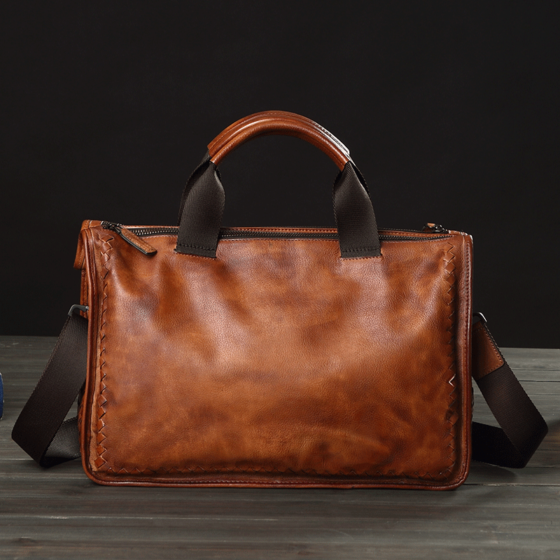 牛皮编织男士休闲复古单肩斜挎包包 venera温尼啦男士包袋