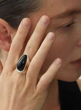 水滴黑曜石造型黑色宝石戒指耳钉女简约时尚高级时尚轻奢小众设计
