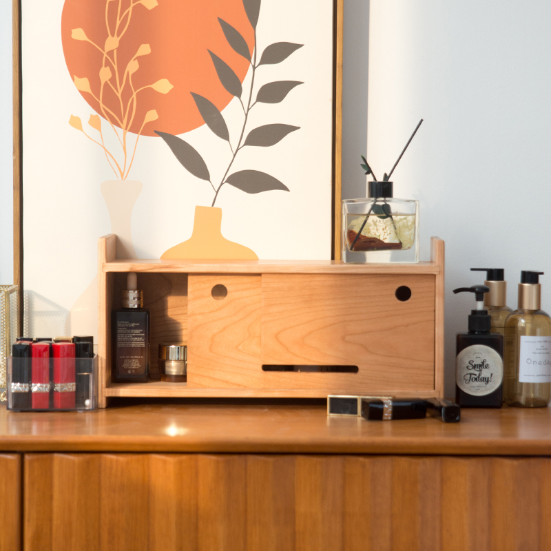 樱桃木桌面机器人收纳柜木制卡通化妆品香水整理柜客厅茶具杯子柜