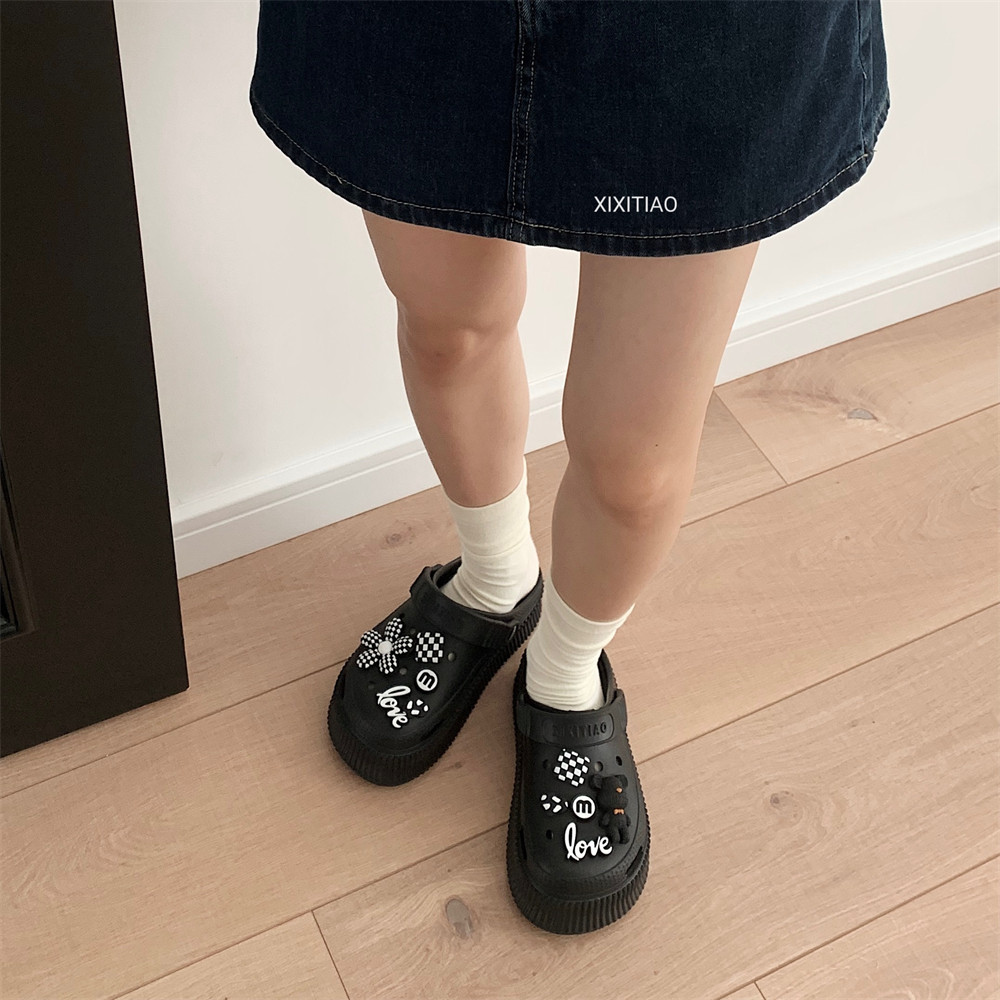 细细条 暗黑系小熊格子花朵洞洞鞋百搭两穿夏季厚底沙滩凉拖鞋女,淘宝优惠券,粉丝福利购,淘宝优惠卷