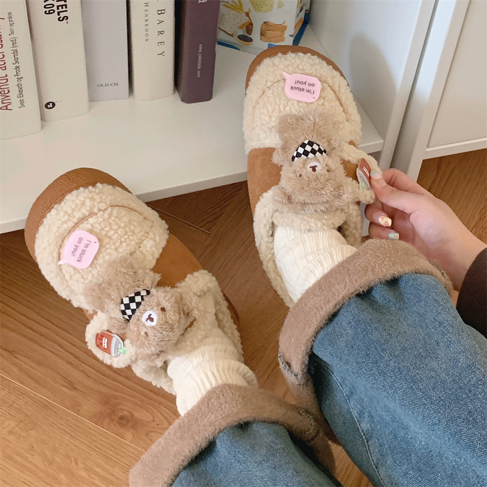 细细条 羊羔毛棉鞋女冬季外穿2025新款可爱小熊加绒乐福豆豆鞋ins,淘宝优惠券,粉丝福利购,淘宝优惠卷